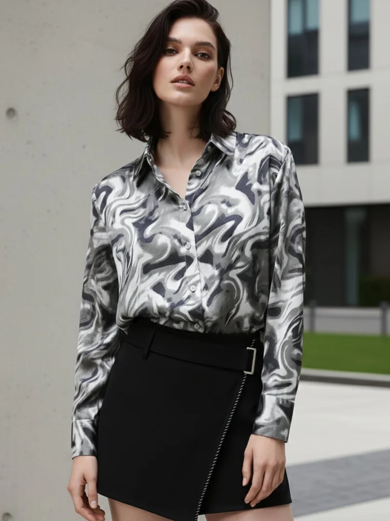 Outzidr Grey Grey Printed Satin Shirt for Women | Best Price UAE